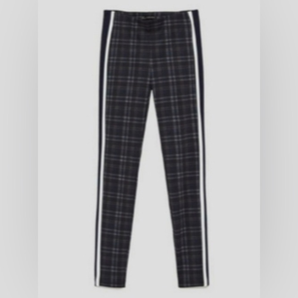 ZARA- Plaid Ponte Pants, navy blue and grey plaid pattern w/white stripe